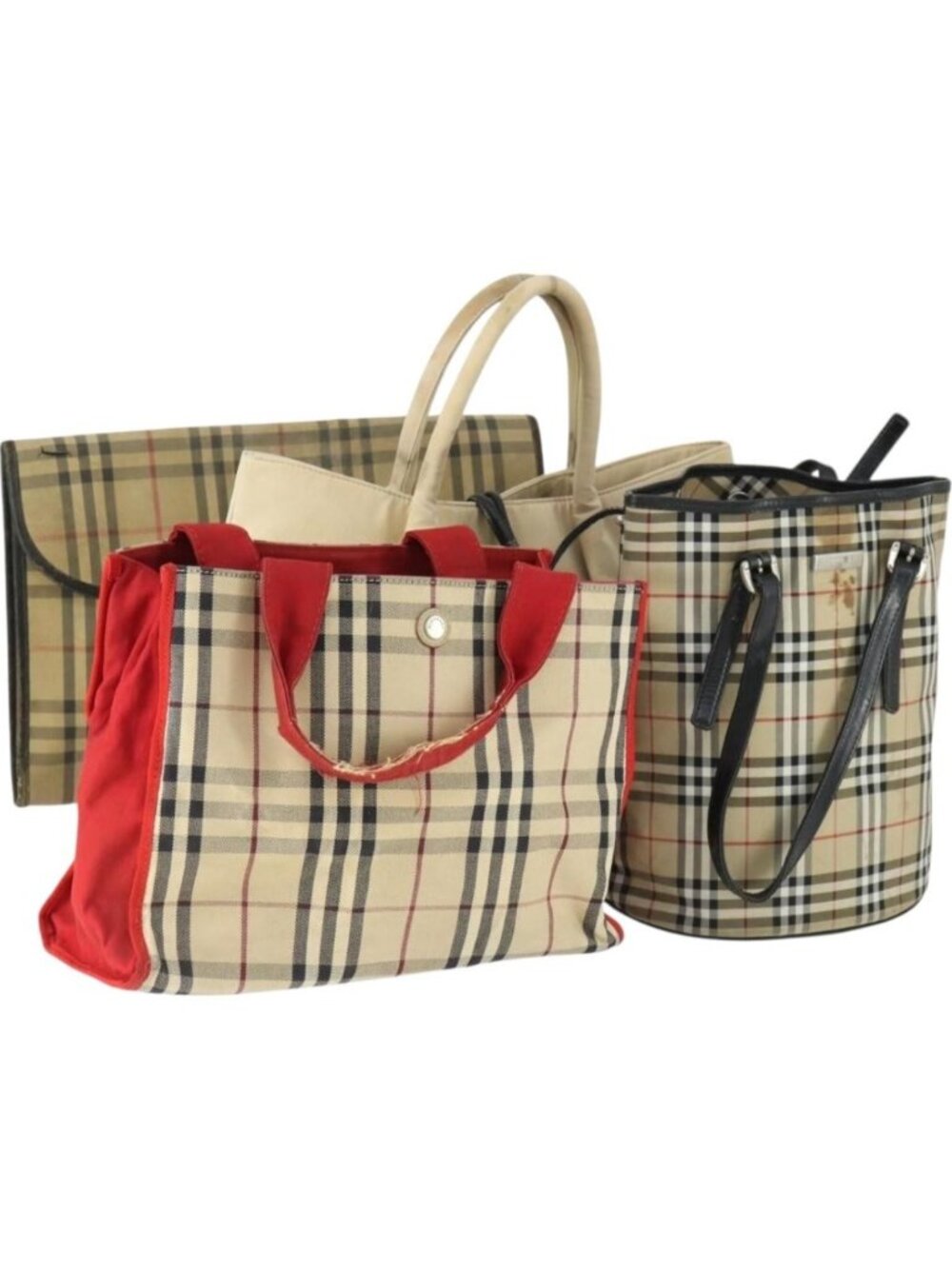 BURBERRY Nova Check Shoulder Bag Canvas PVC 4 Set Beige Red